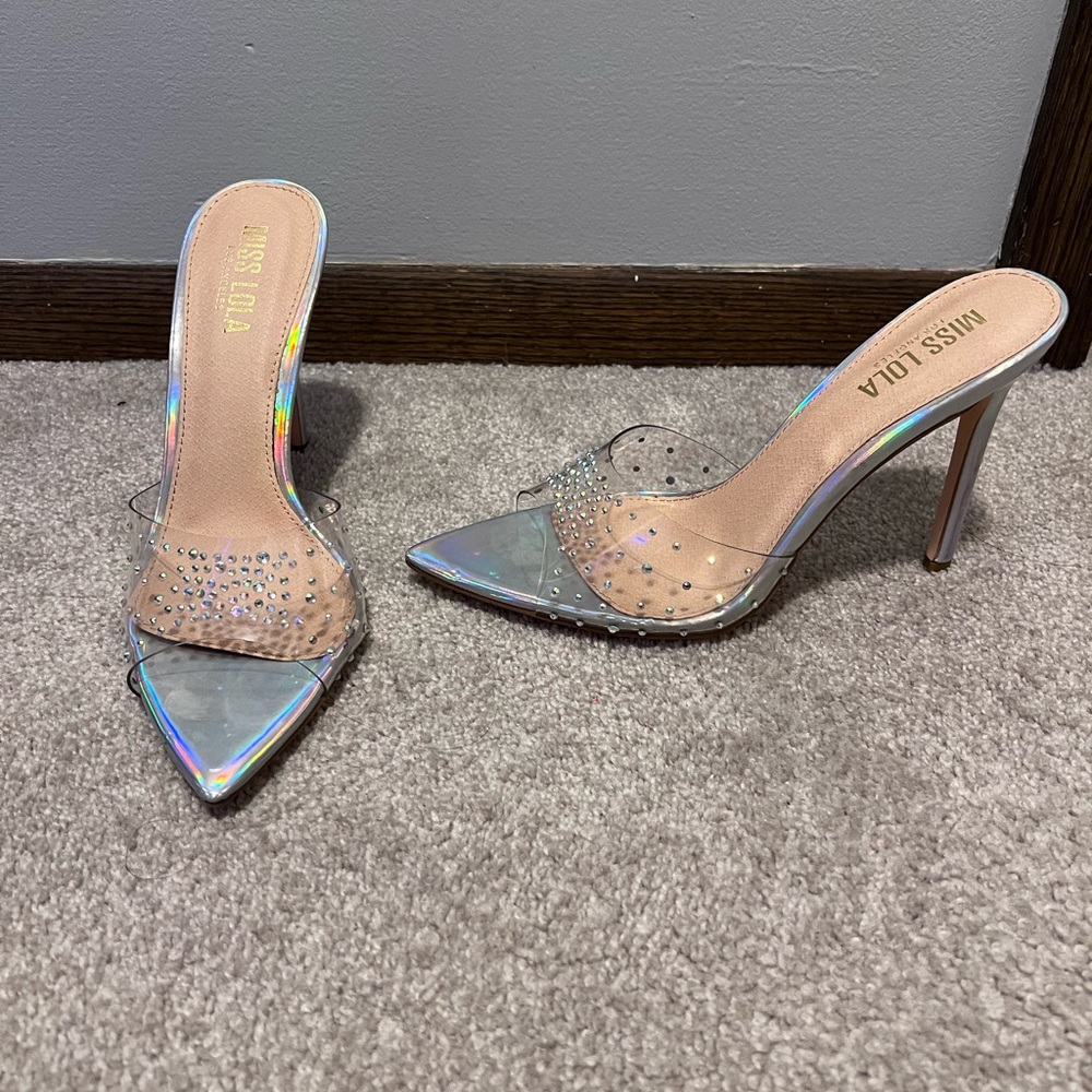 Holographic clear rhinestone mules